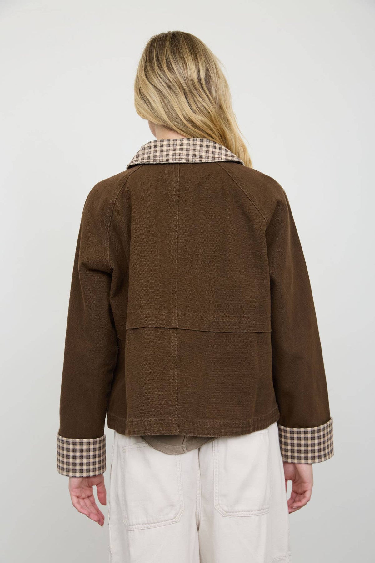 Blu Pepper - GINGHAM COLLAR CONTRAST SNAP BUTTON JACKET: DARK BROWN