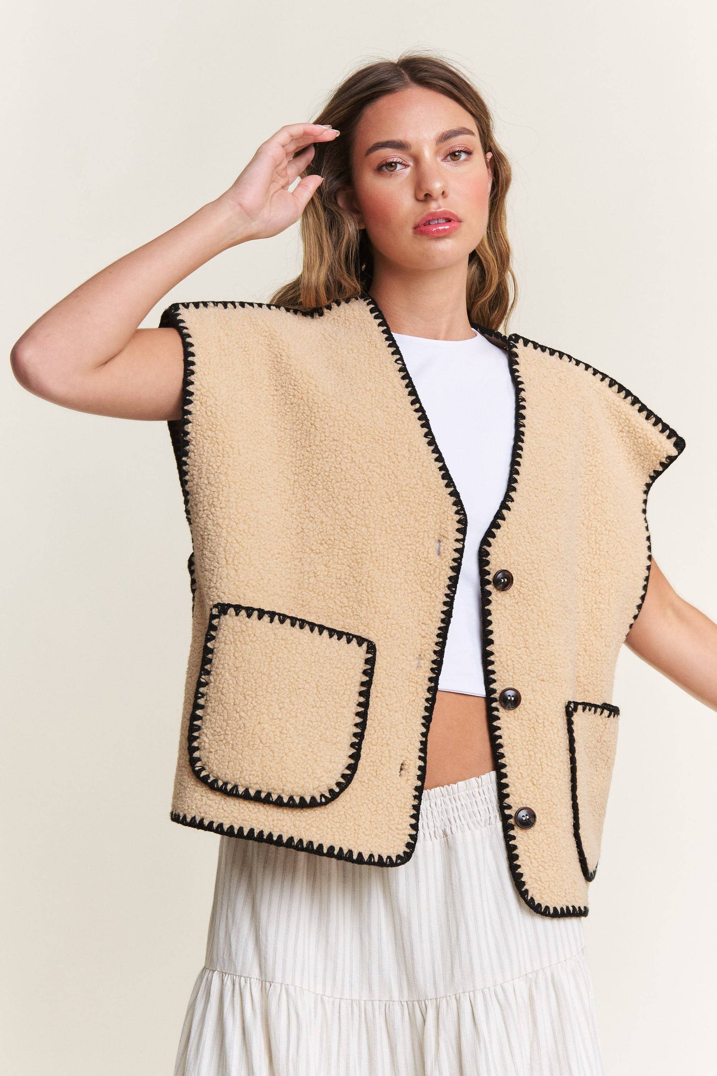 In the Beginning - Taupe Fuzzy Sherpa Vests Jacket: Taupe