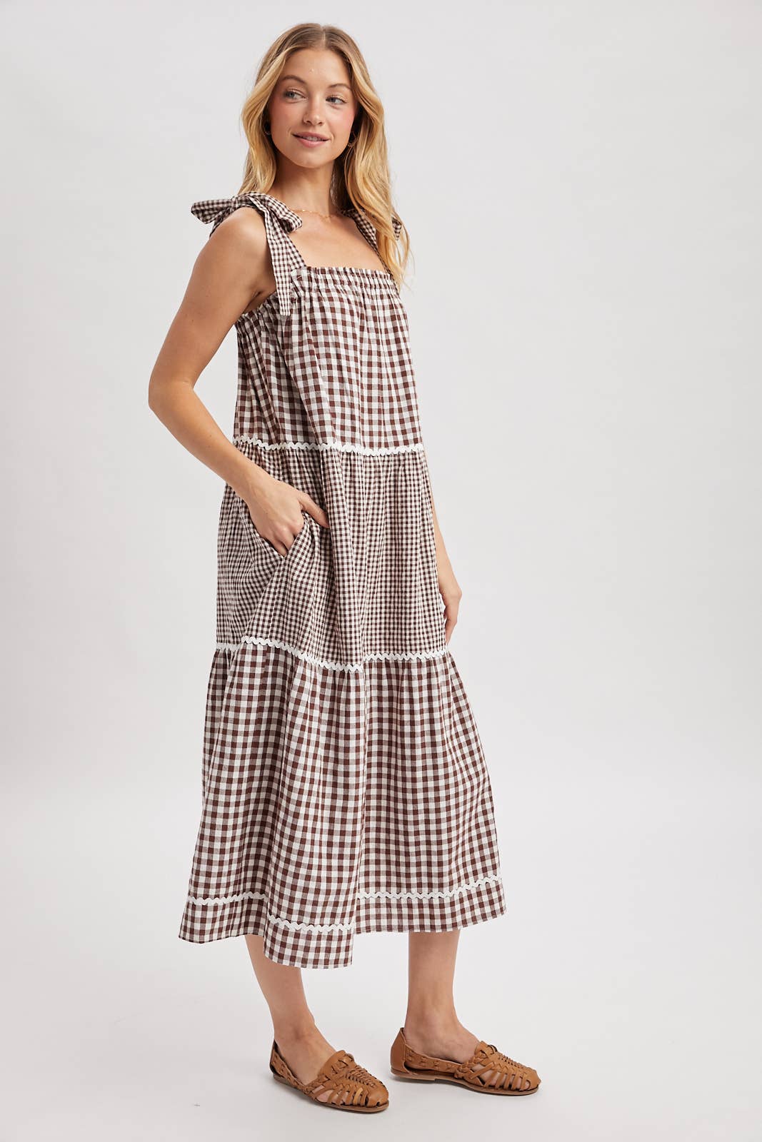 MULTI-GINGHAM TIERED MIDI DRESS /CHOCO/CREAM