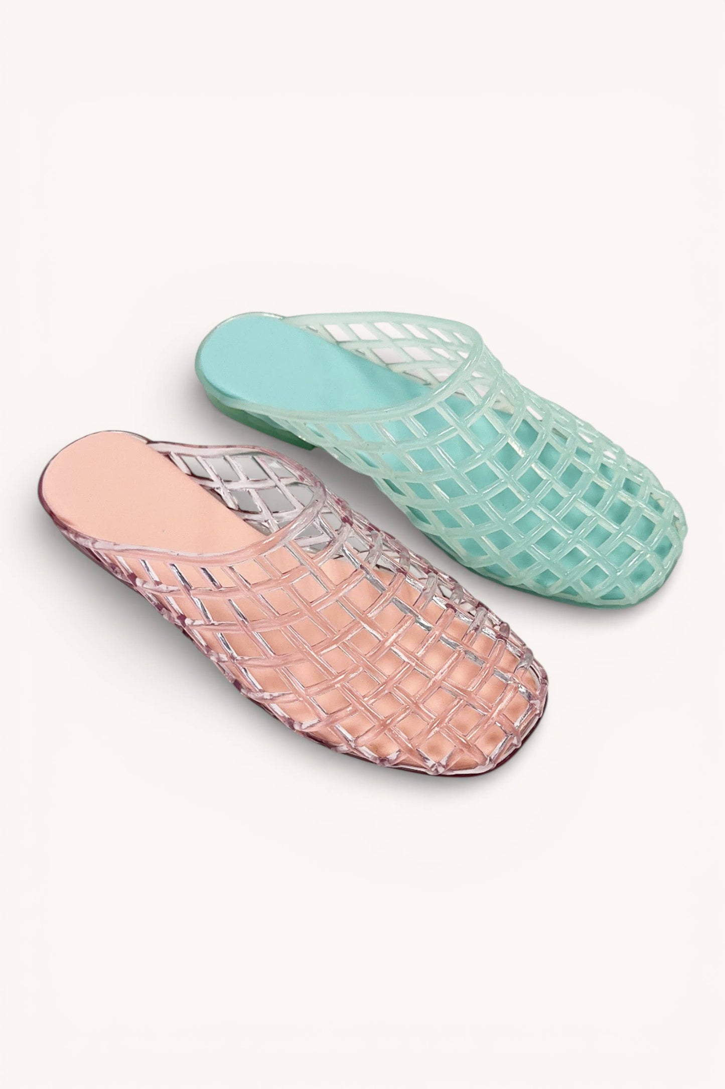 MODERN LATTICE WOVEN MESH SOFT PVC JELLY MULE FLATS: MINT