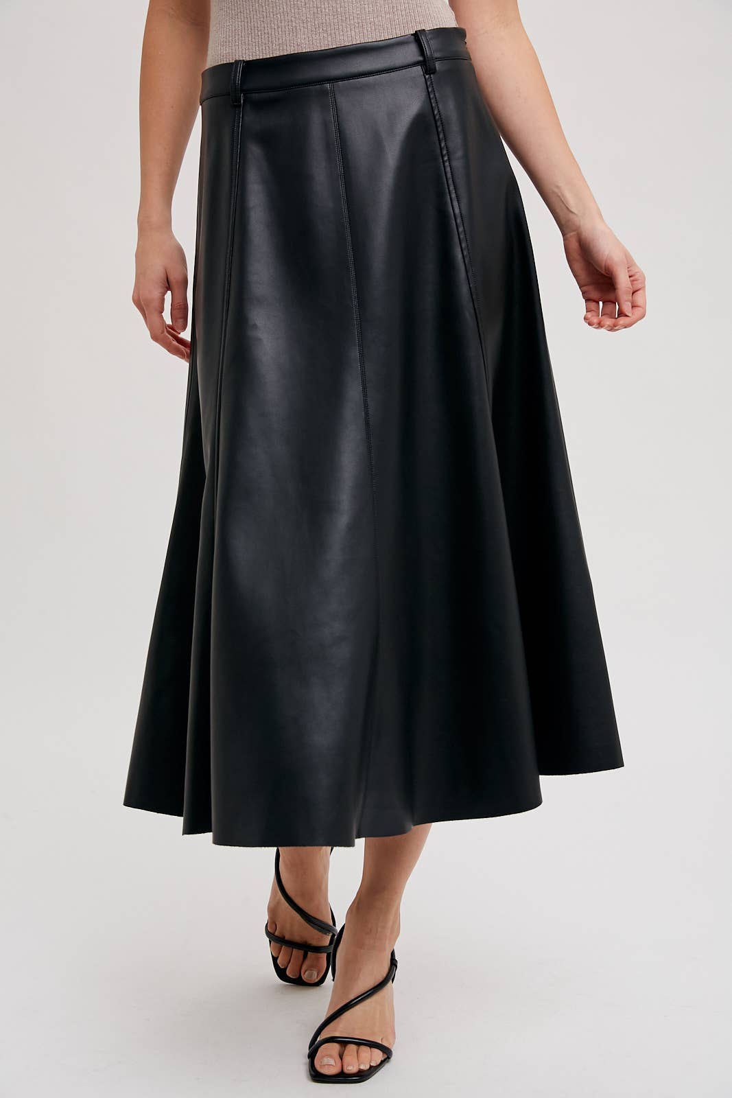 FAUX LEATHER FLARE MIDI SKIRT: Black