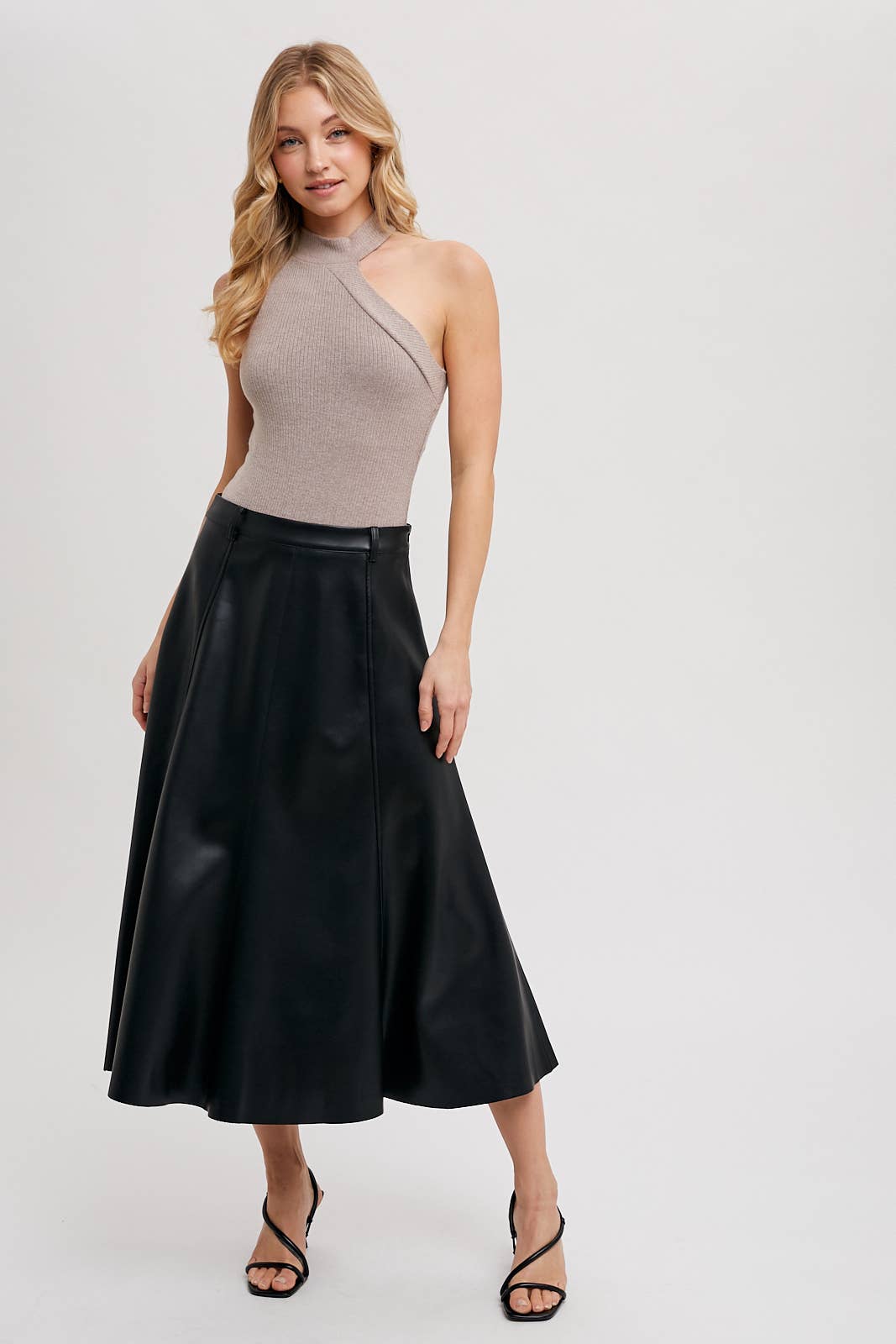 FAUX LEATHER FLARE MIDI SKIRT: Black