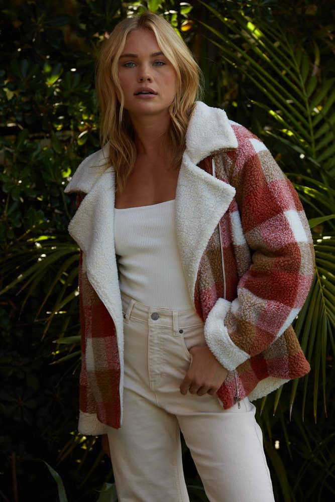 Woven Sherpa Long Sleeve Jacket: Brick Multi