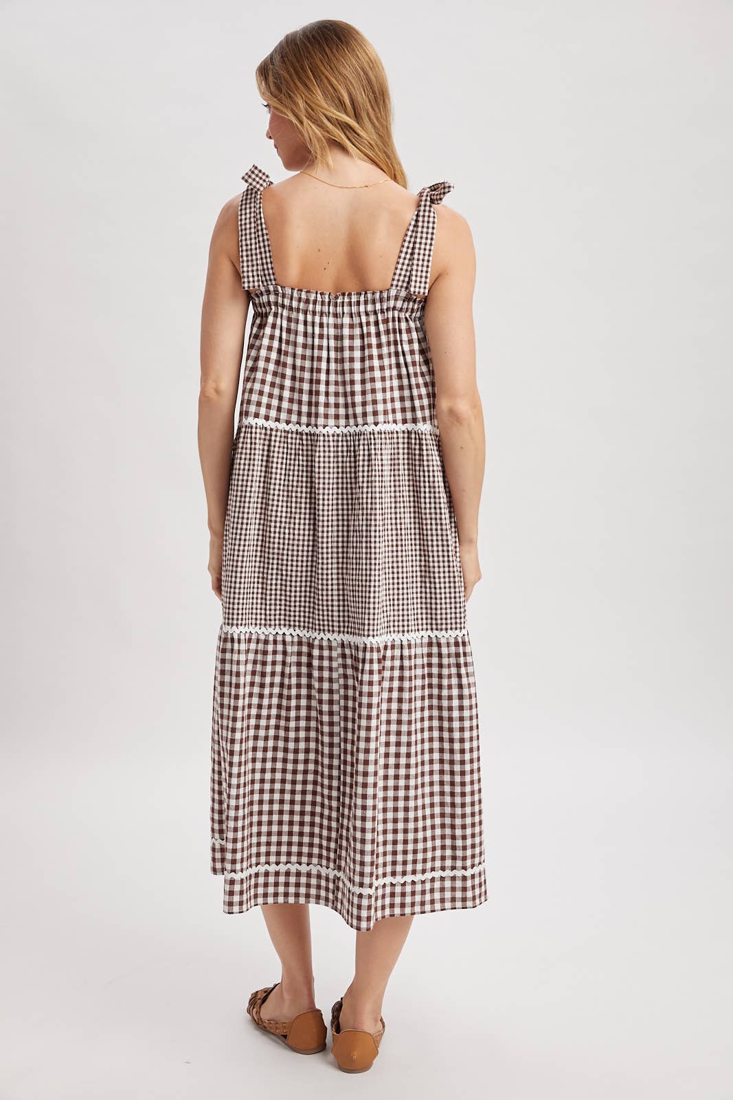 MULTI-GINGHAM TIERED MIDI DRESS /CHOCO/CREAM