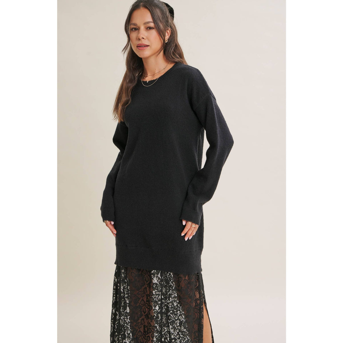 in february - SNOWFALL ROMANCE LACE LAYERED SWEATER MAXI TWOFER DRESS: BLACK