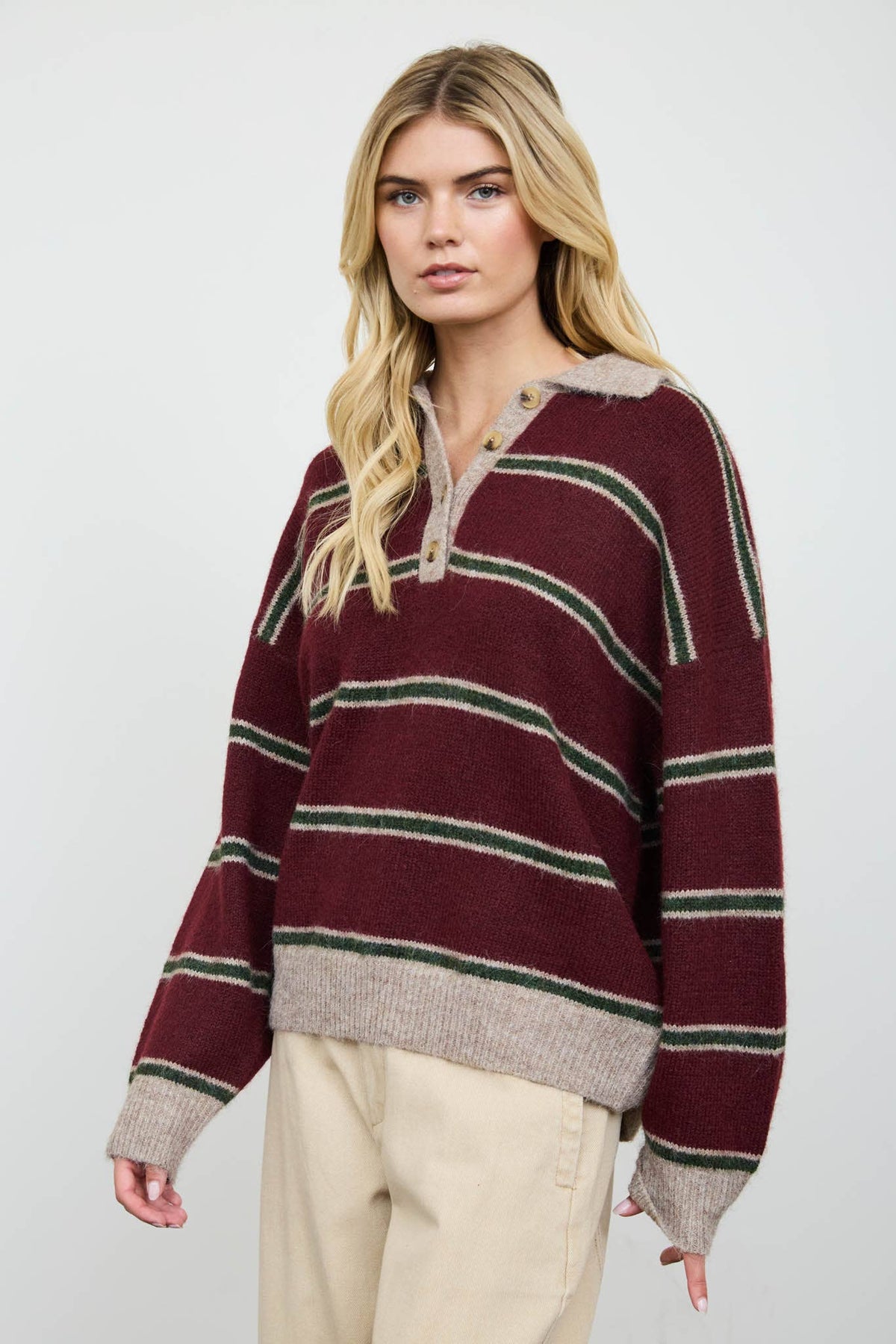 CONTRAST COLLAR STRIPE POLO FUZZY KNIT SWEATER : WINE MULTI