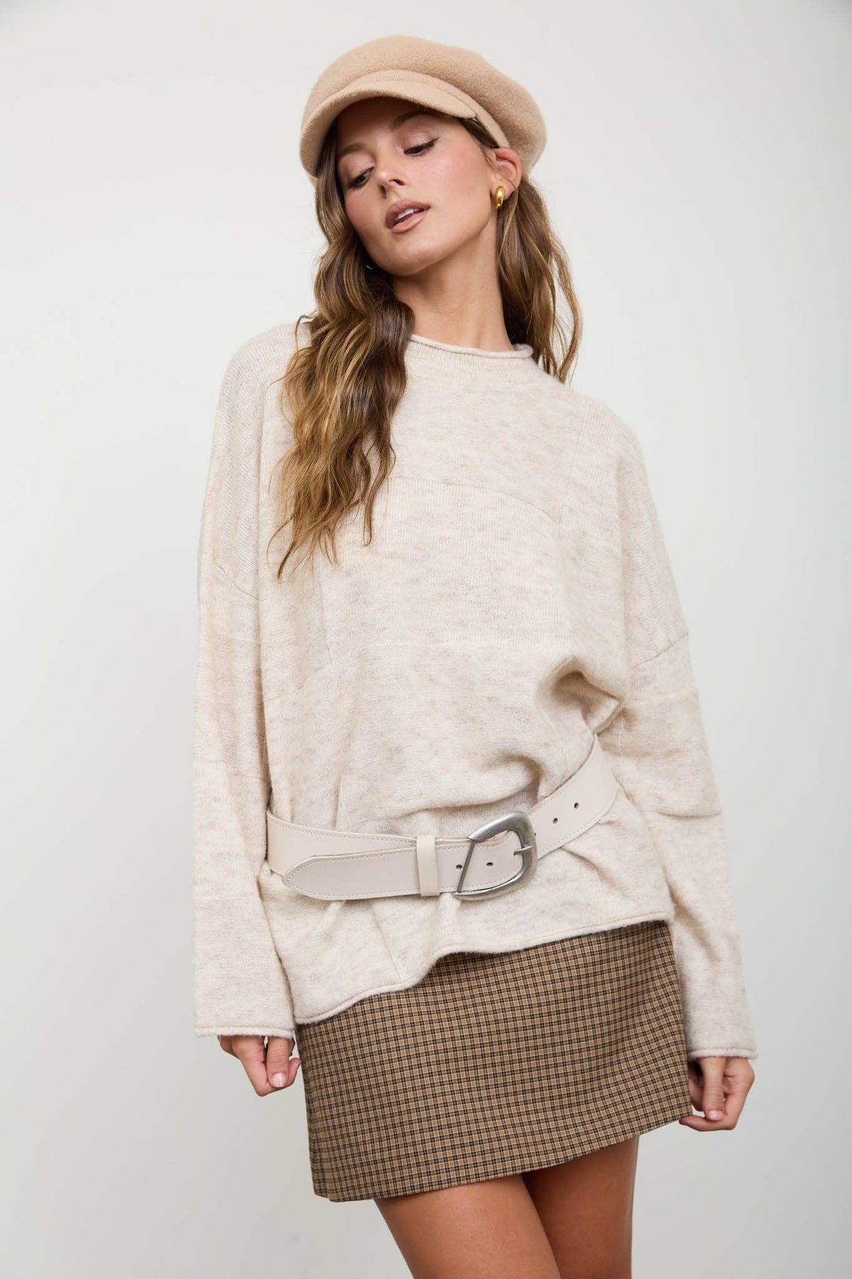 Blu Pepper - HEATHERED CHECKERED TEXTURE LONG SLEEVE SWEATER: CHARCOAL