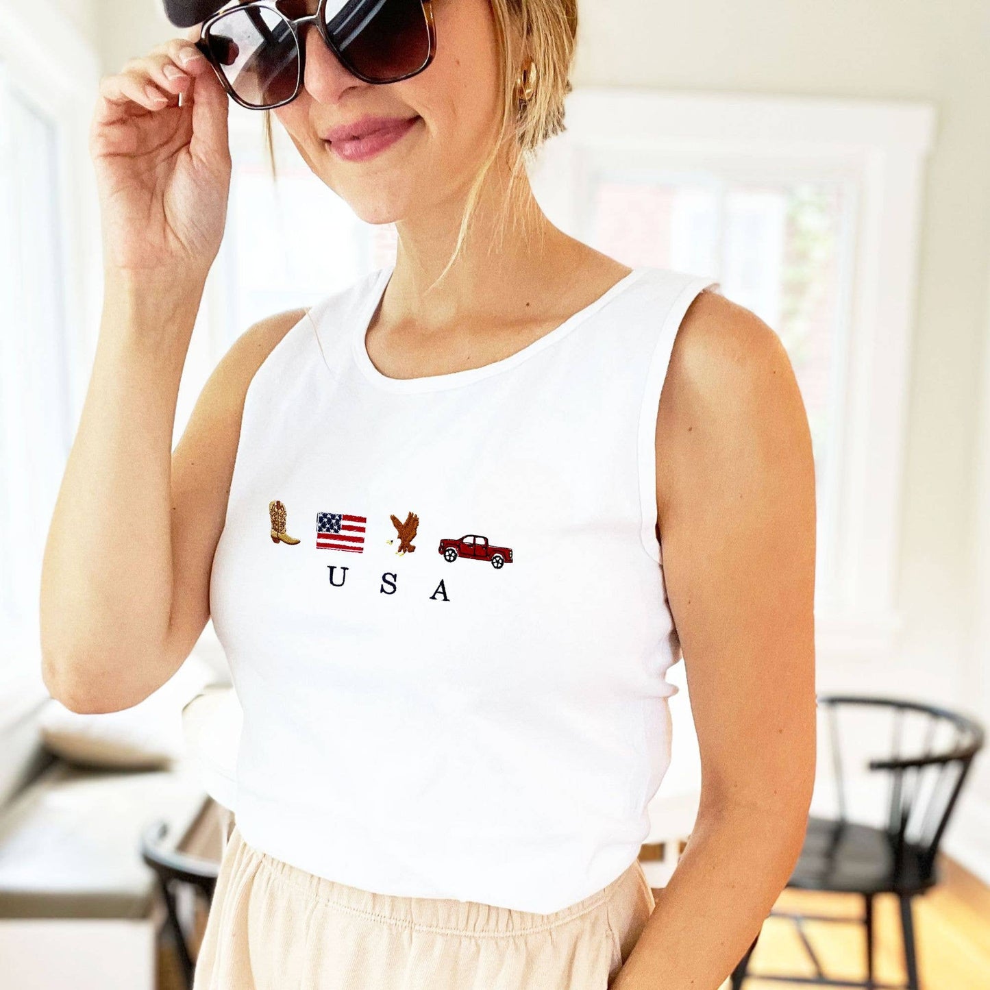 Embroidered USA Icons Comfort Colors Tank Top | 4th Of July : White