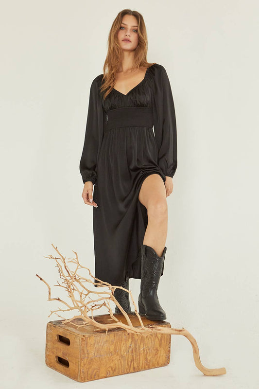 Crescent - CD8131 - Nubia Satin Midi Dress: BLACK