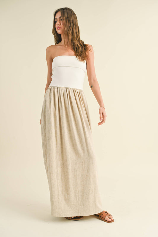 D3442   LINEN WITH RIBBED KNITTED TOP COMBO DRESS: WHITE/OATMEAL