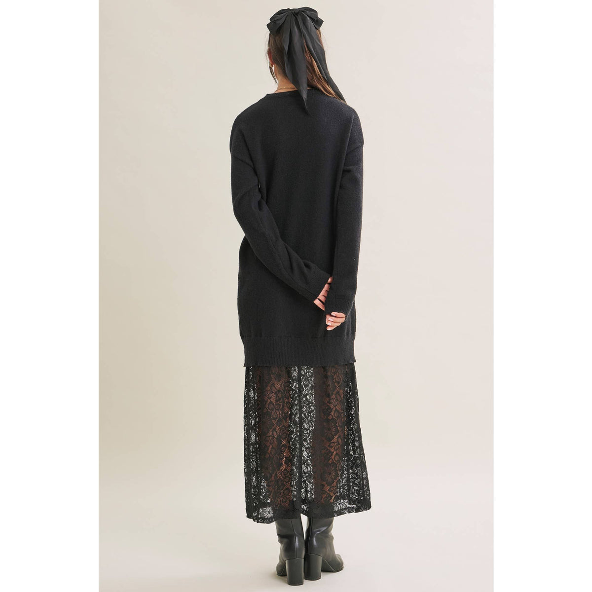 in february - SNOWFALL ROMANCE LACE LAYERED SWEATER MAXI TWOFER DRESS: BLACK