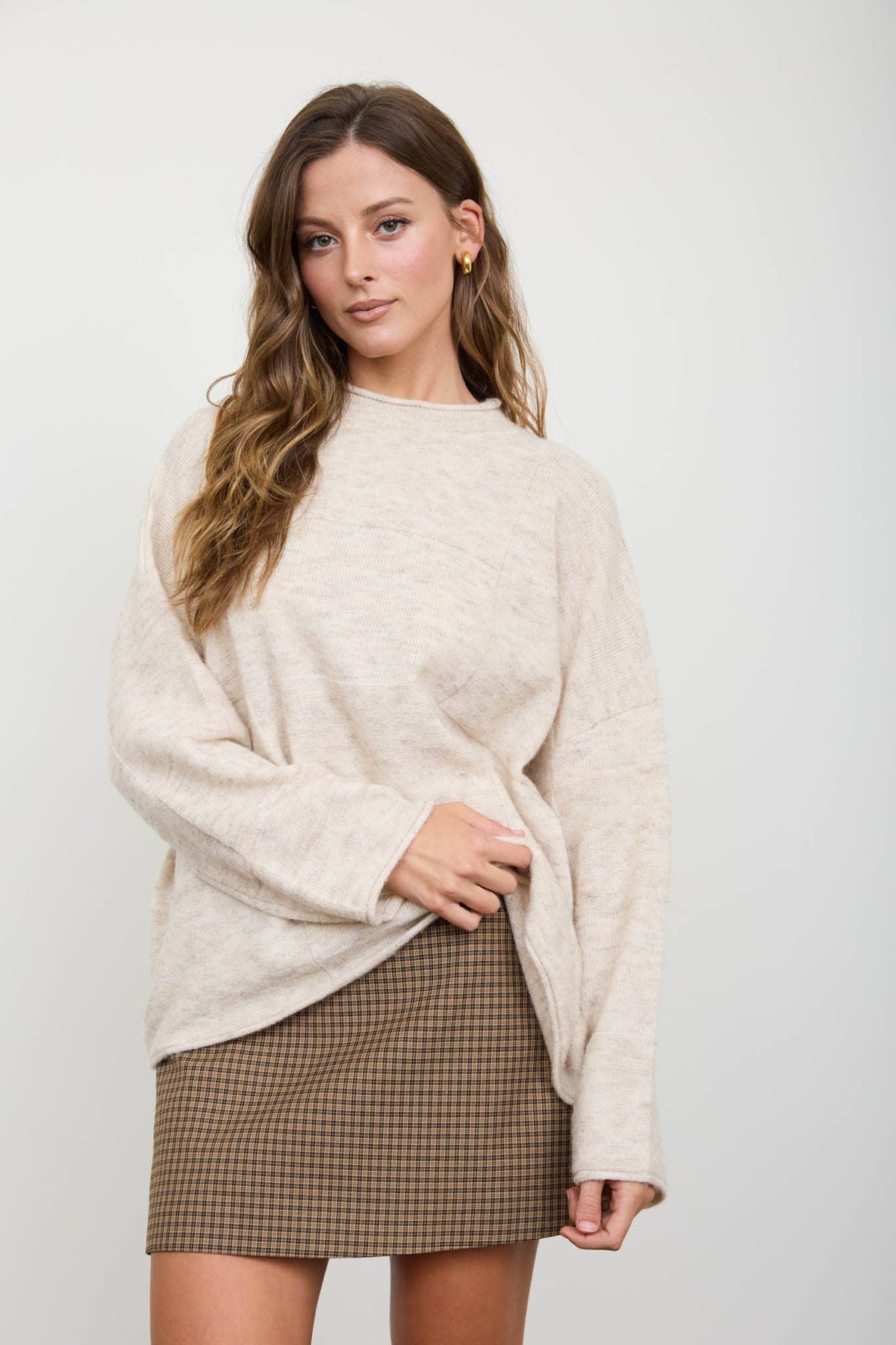 Blu Pepper - HEATHERED CHECKERED TEXTURE LONG SLEEVE SWEATER: CHARCOAL