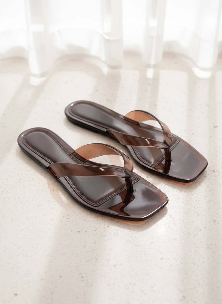 ROME-01 Jelly Thong Sandals Square Toe Clear Trend Flats: BROWN