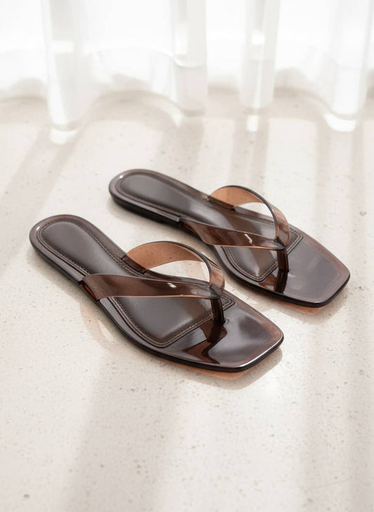 ROME-01 Jelly Thong Sandals Square Toe Clear Trend Flats: BROWN