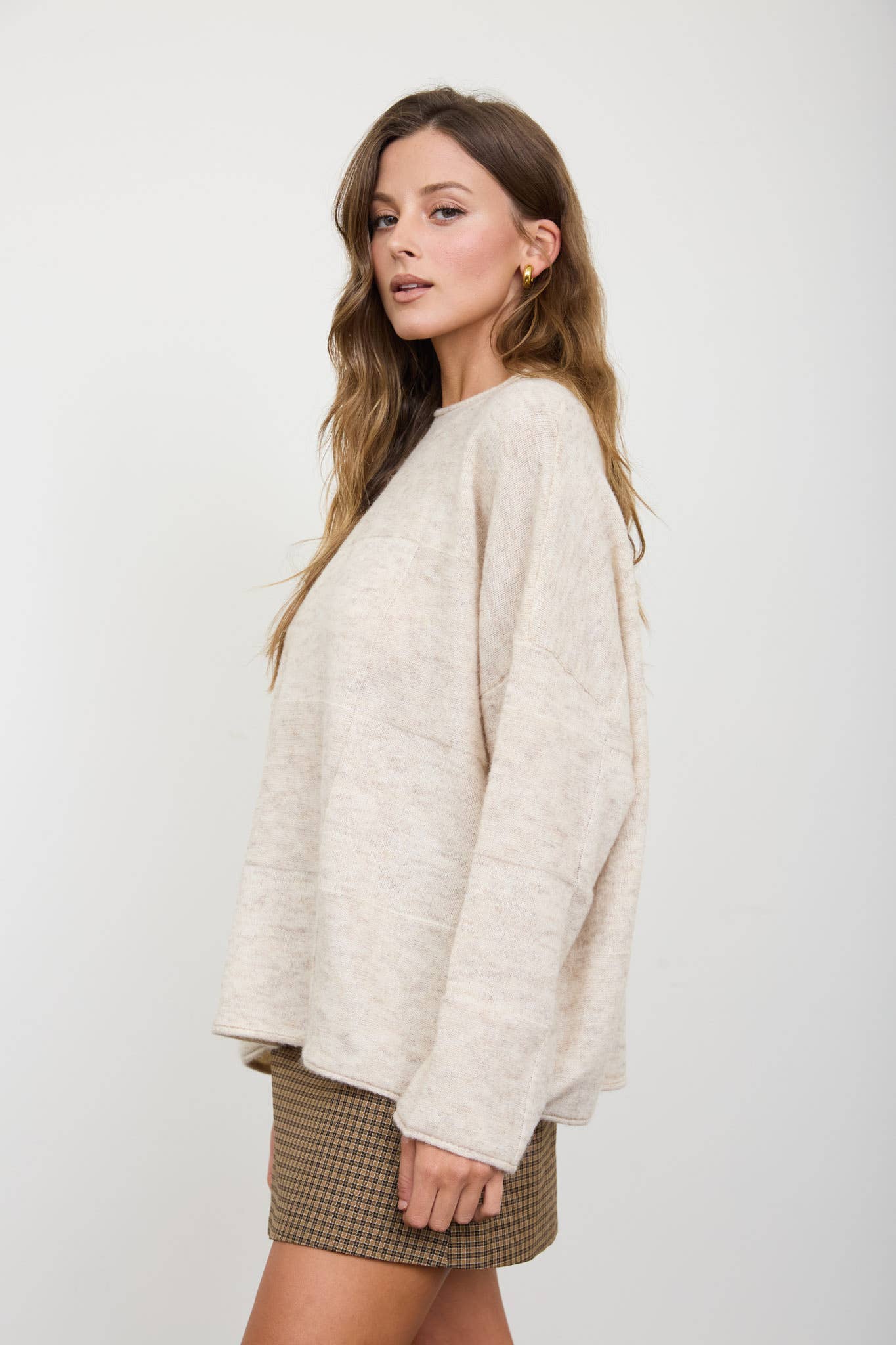 Blu Pepper - HEATHERED CHECKERED TEXTURE LONG SLEEVE SWEATER: CHARCOAL