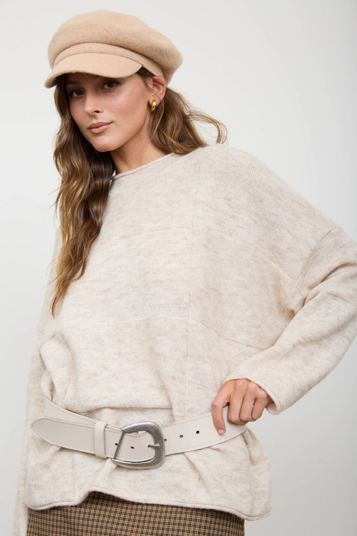 Blu Pepper - HEATHERED CHECKERED TEXTURE LONG SLEEVE SWEATER: CHARCOAL