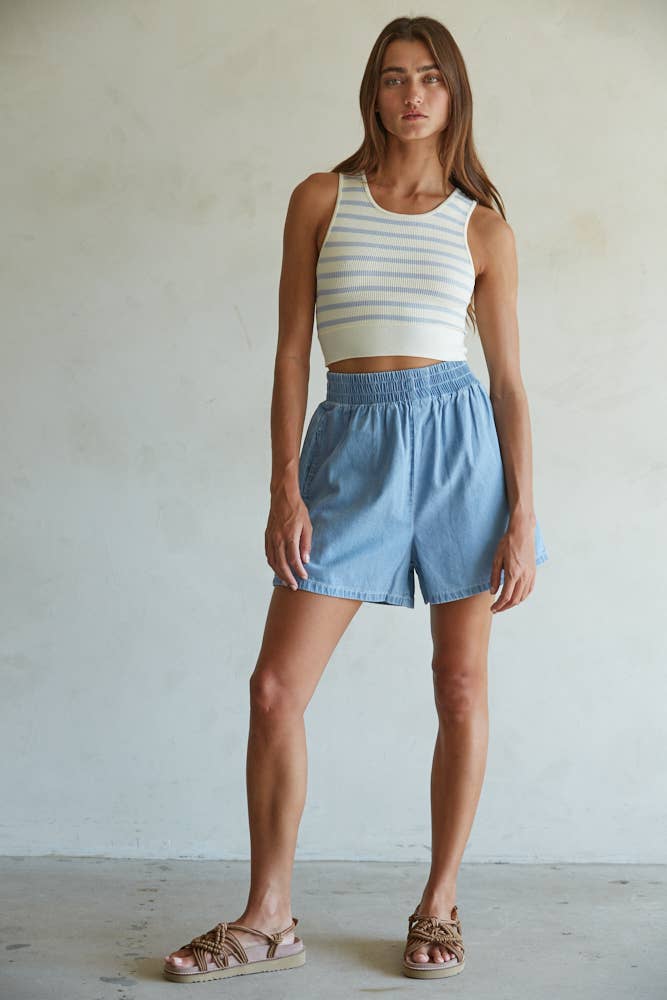 Woven Denim Cotton Wide Leg Shorts: Blue Denim