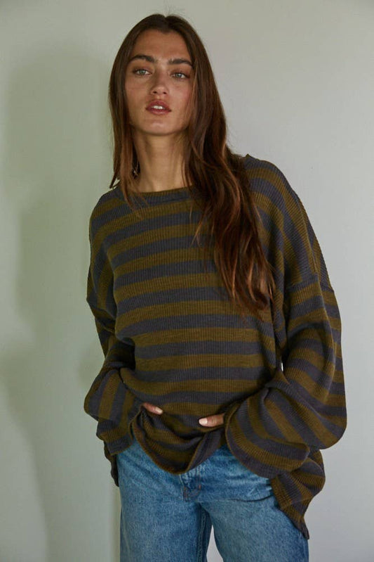 By Together - L7446 | Knit Ribbed Striped Long Sleeve Pullover Top: Olive Charcoal