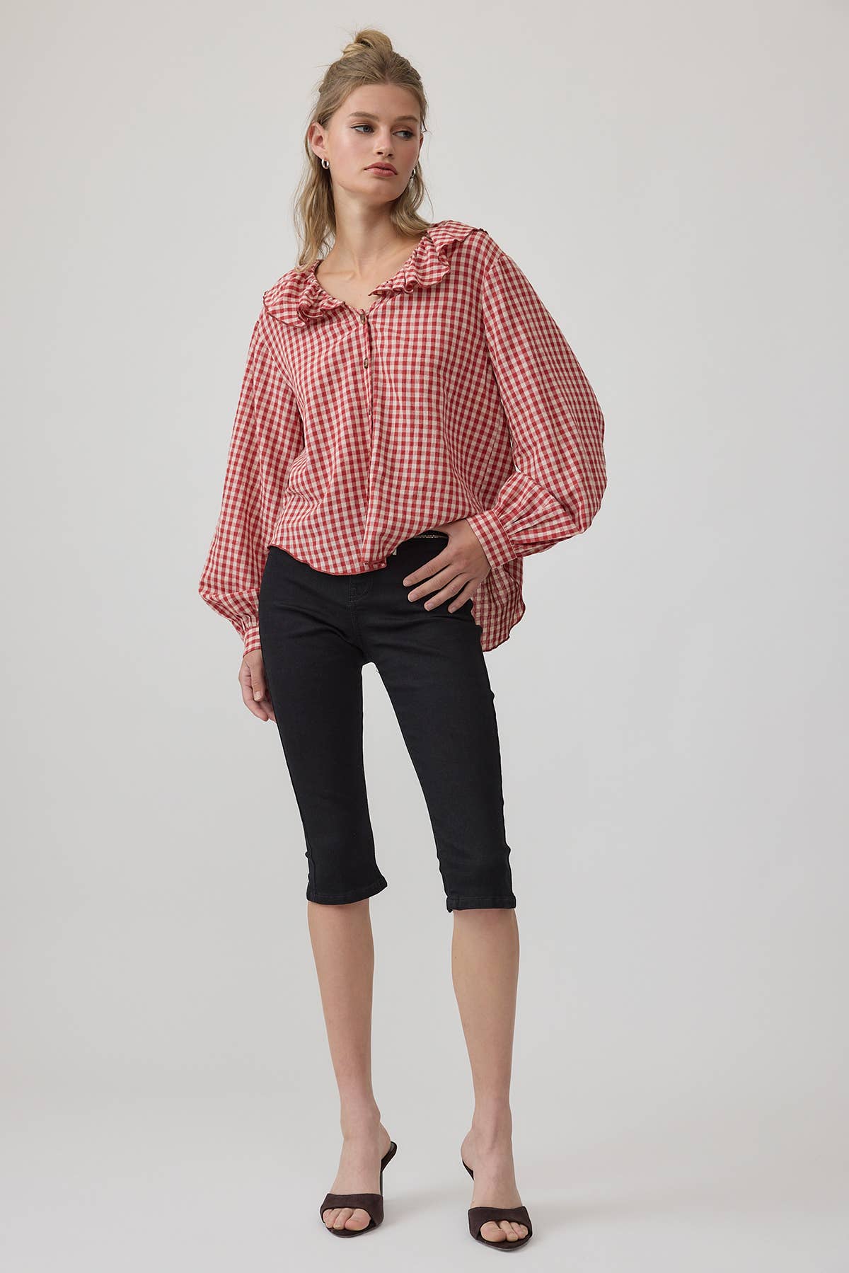 RAISONNEL - Gingham Ruffle Collar Button-Up Blouse - RT1317: BLACK / S-M-L (3-2-1)