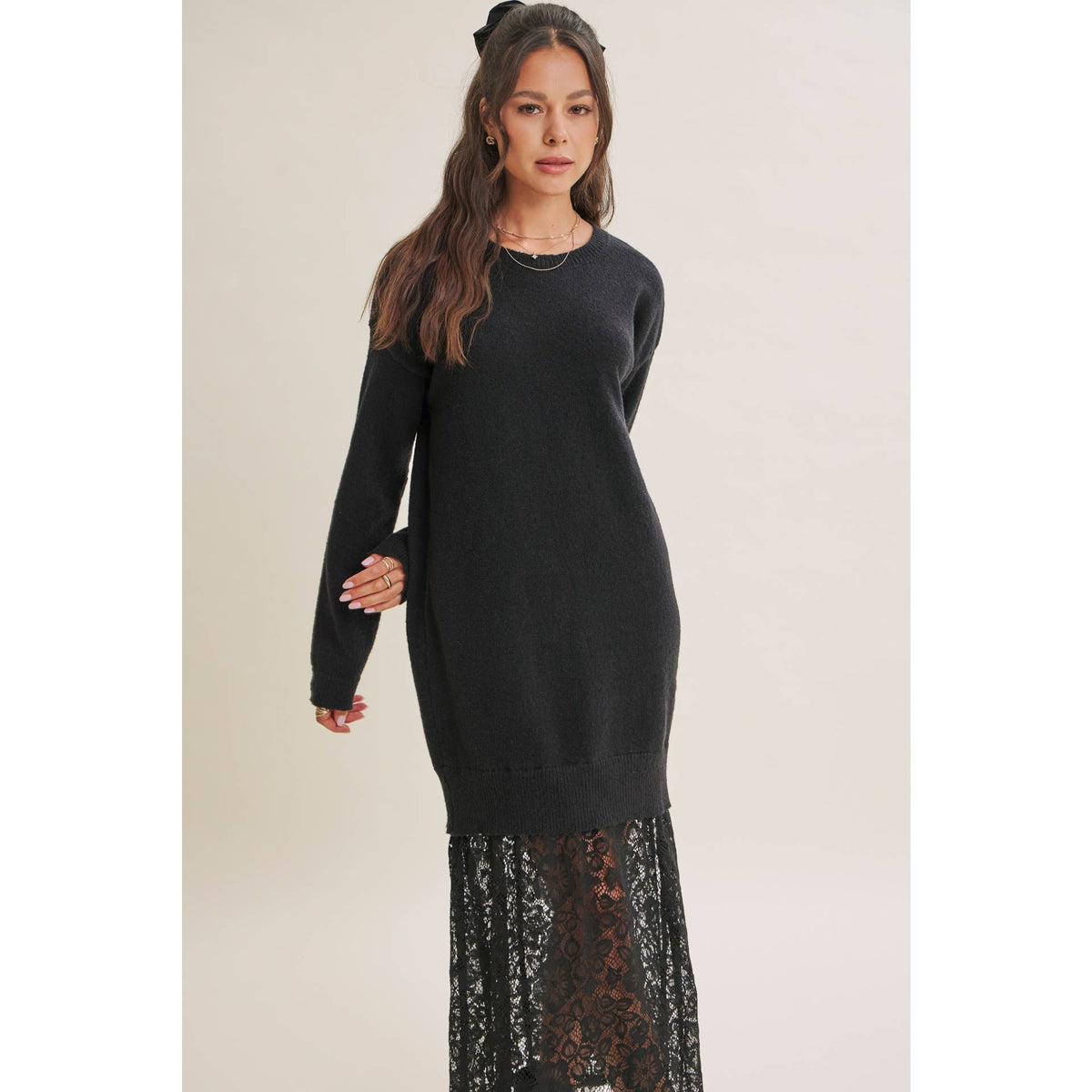 in february - SNOWFALL ROMANCE LACE LAYERED SWEATER MAXI TWOFER DRESS: BLACK