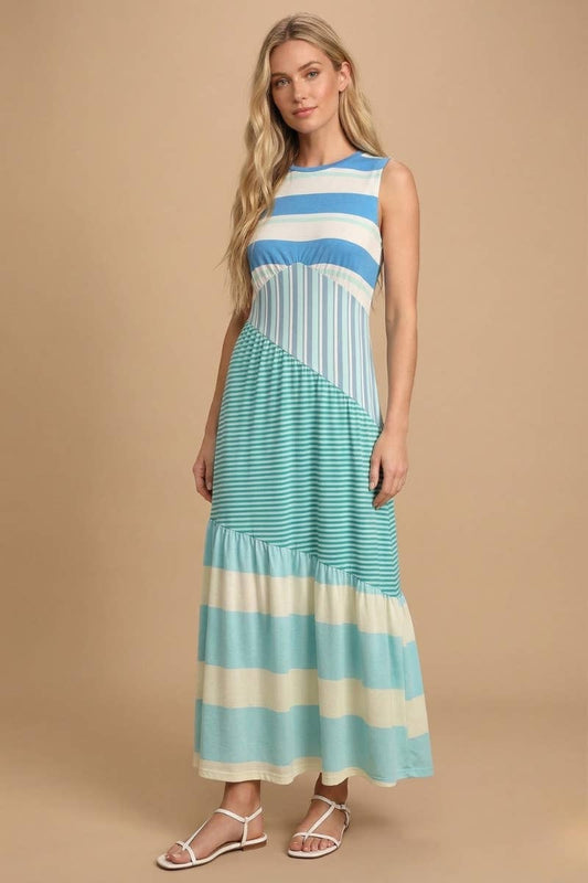 -Pre-Order:Mixed Stripe Maxi Dress: Sky Blue Multi