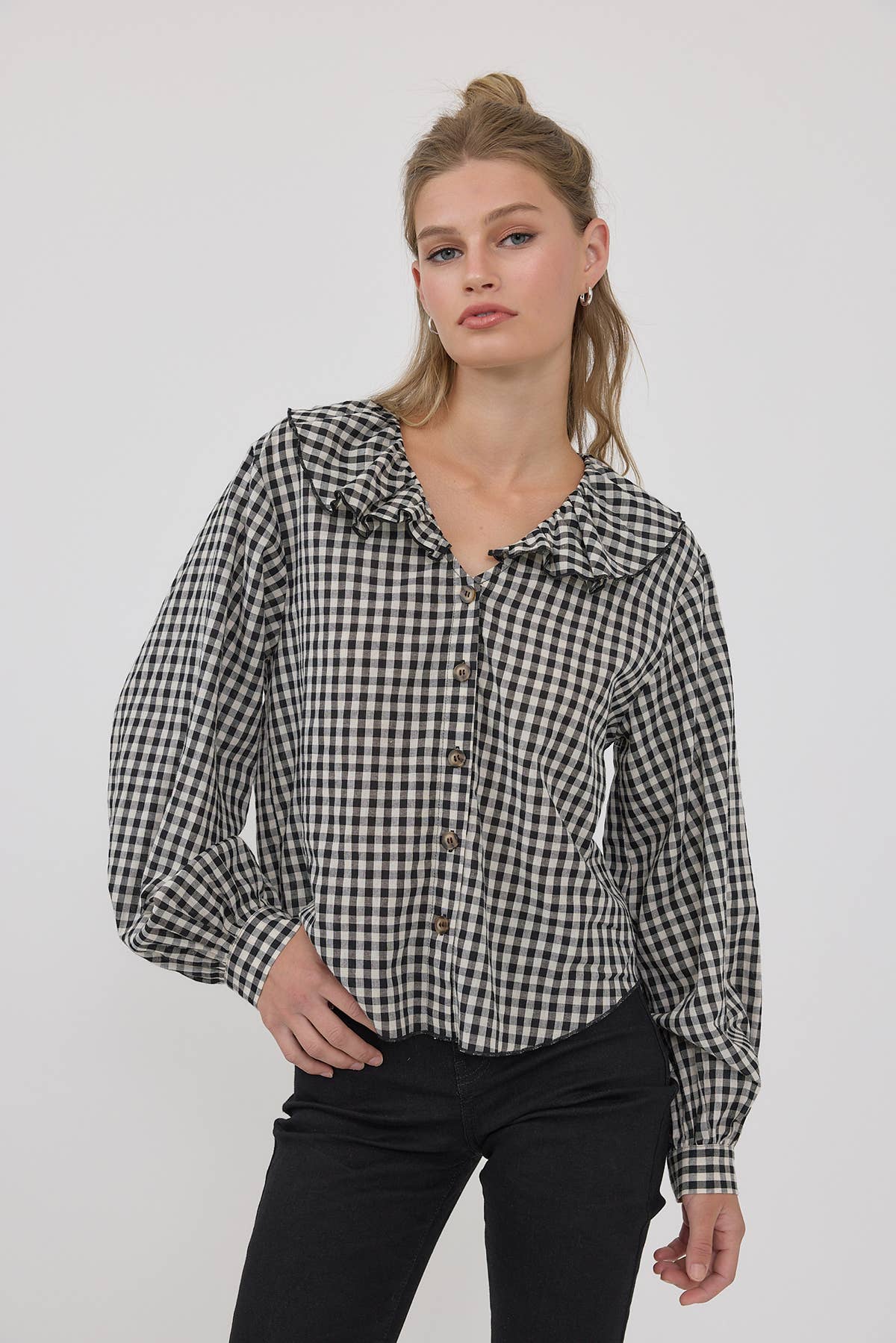 RAISONNEL - Gingham Ruffle Collar Button-Up Blouse - RT1317: BLACK / S-M-L (3-2-1)
