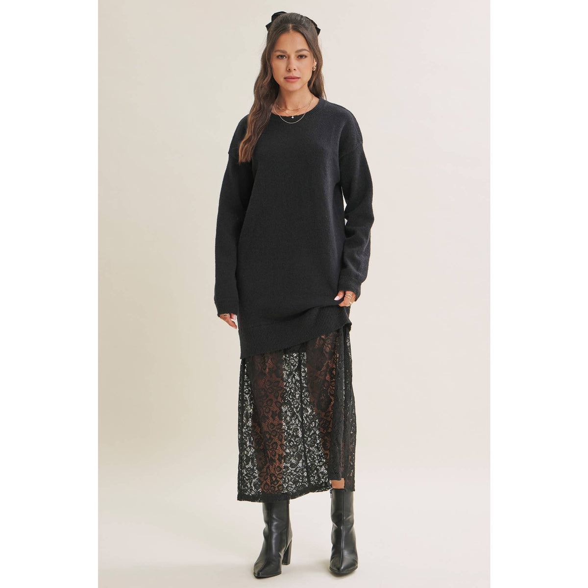 in february - SNOWFALL ROMANCE LACE LAYERED SWEATER MAXI TWOFER DRESS: BLACK