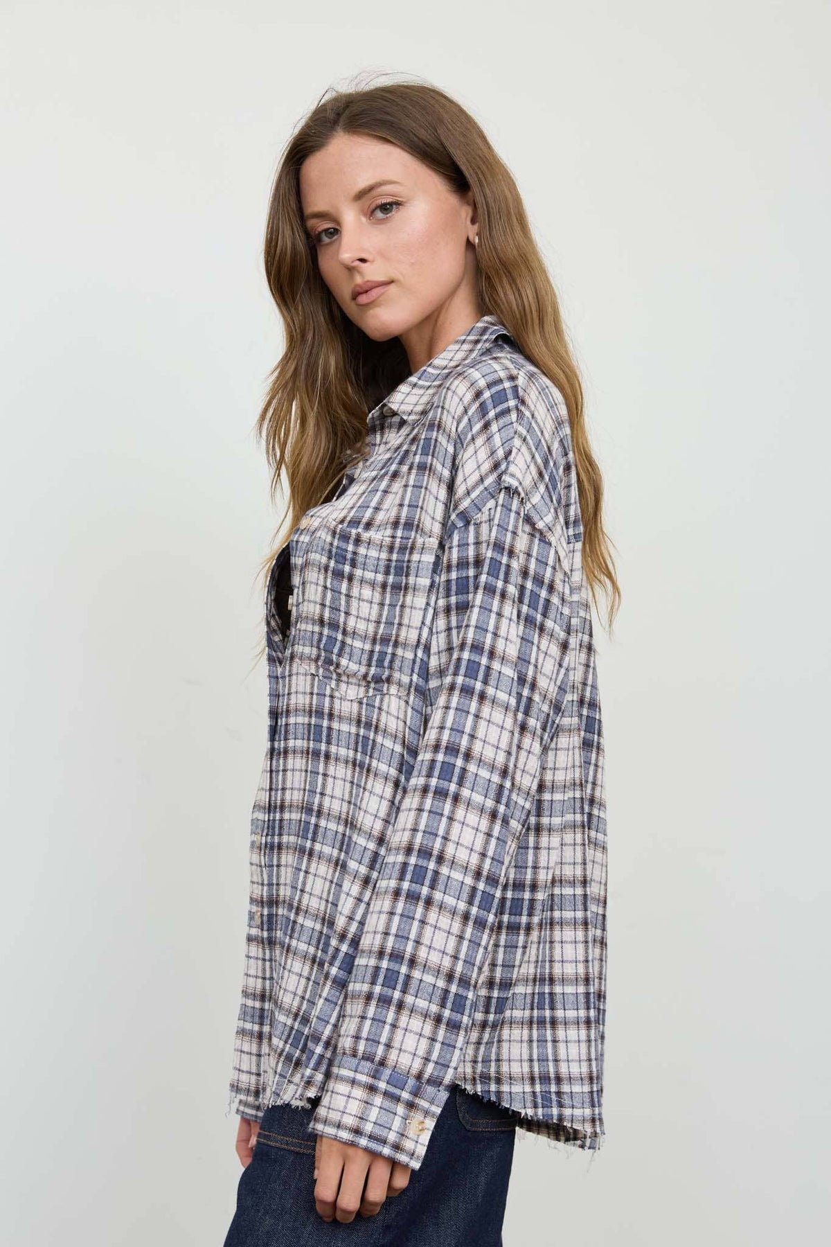 Blu Pepper - PLAID COLLARED BUTTON DOWN DISTRESSED TOP : BROWN