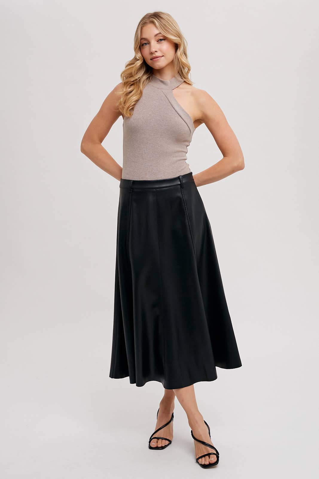 FAUX LEATHER FLARE MIDI SKIRT: Black