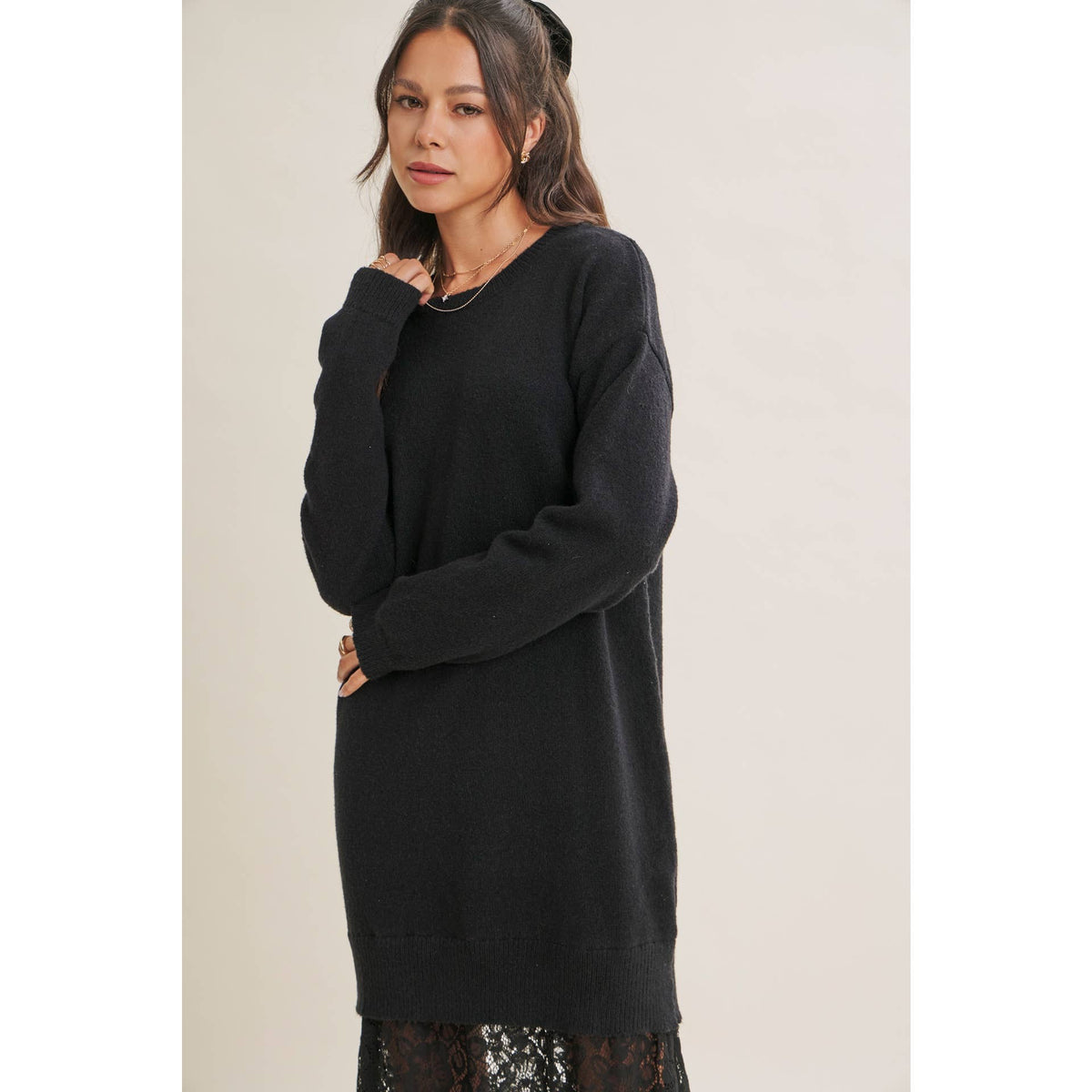 in february - SNOWFALL ROMANCE LACE LAYERED SWEATER MAXI TWOFER DRESS: BLACK