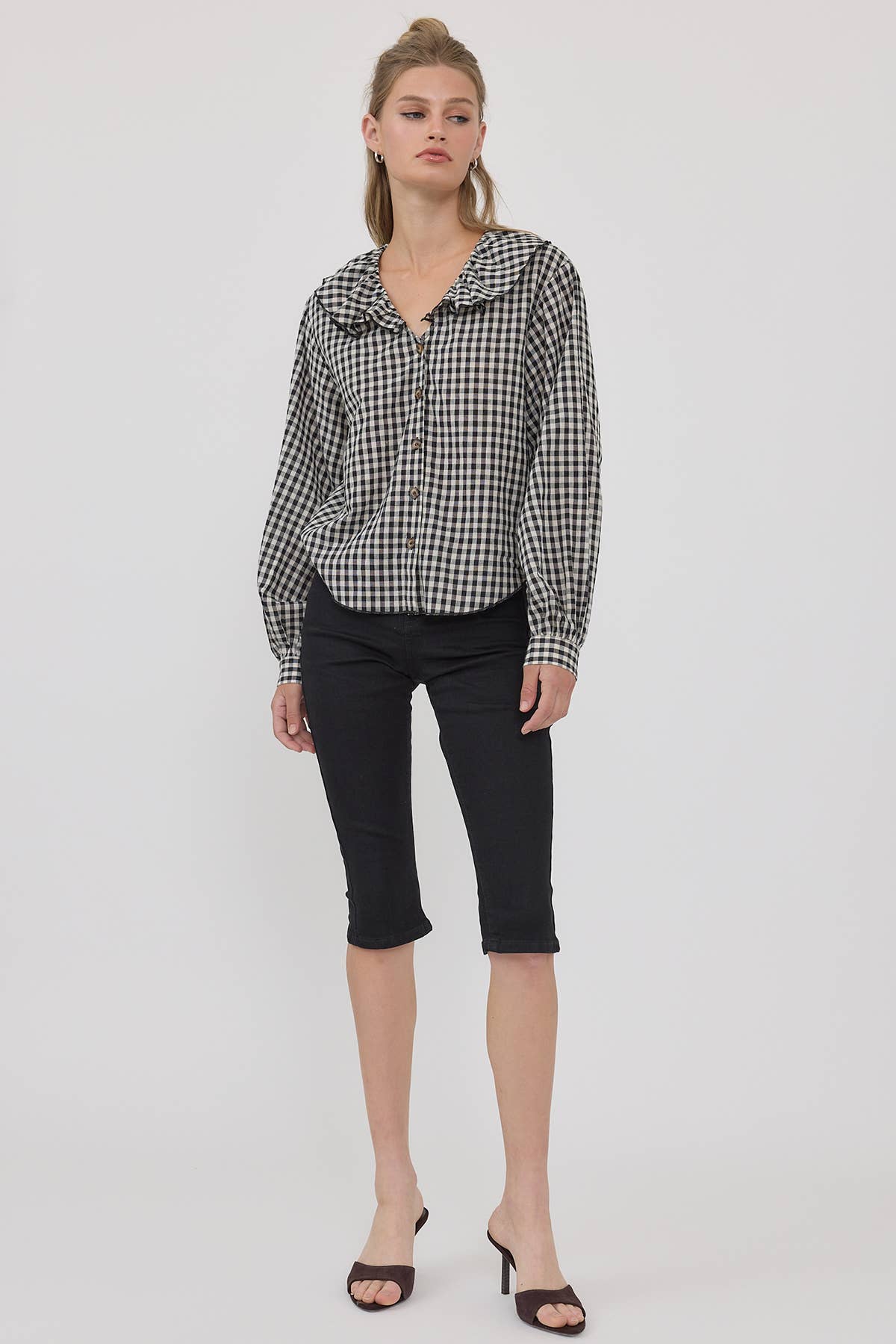 RAISONNEL - Gingham Ruffle Collar Button-Up Blouse - RT1317: BLACK / S-M-L (3-2-1)