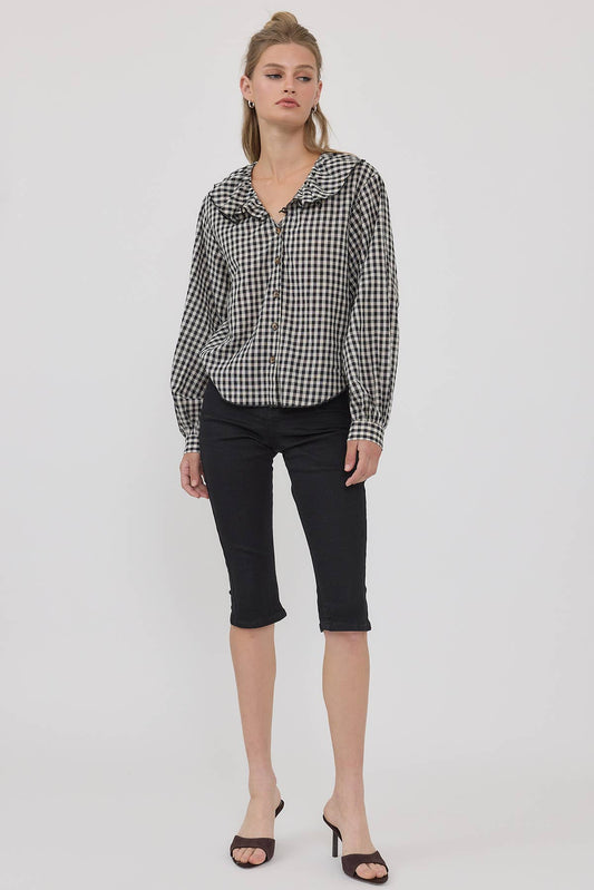 RAISONNEL - Gingham Ruffle Collar Button-Up Blouse - Black