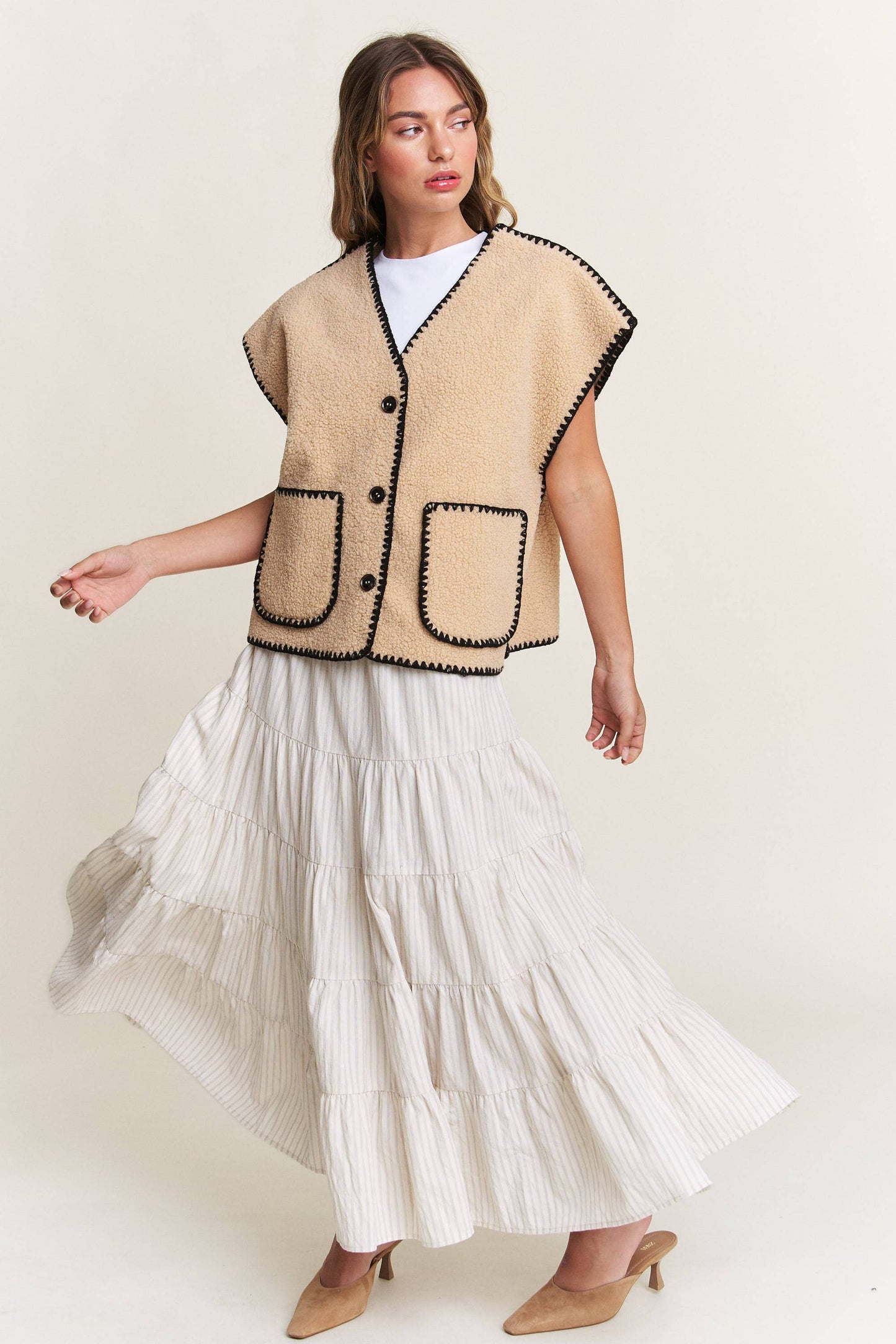 In the Beginning - Taupe Fuzzy Sherpa Vests Jacket: Taupe