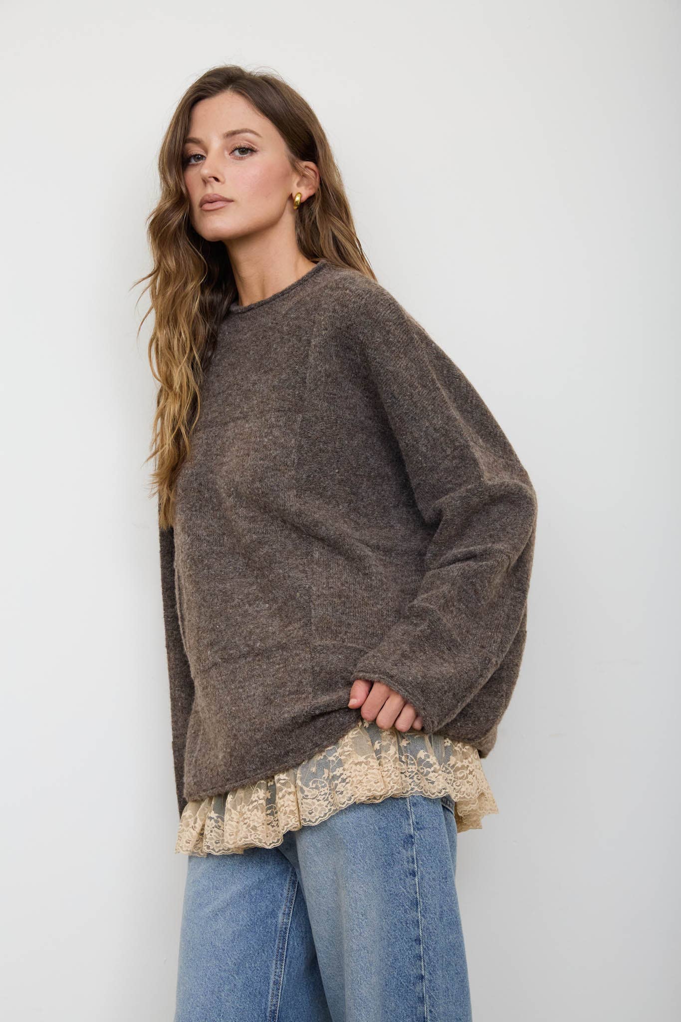 Blu Pepper - HEATHERED CHECKERED TEXTURE LONG SLEEVE SWEATER: CHARCOAL