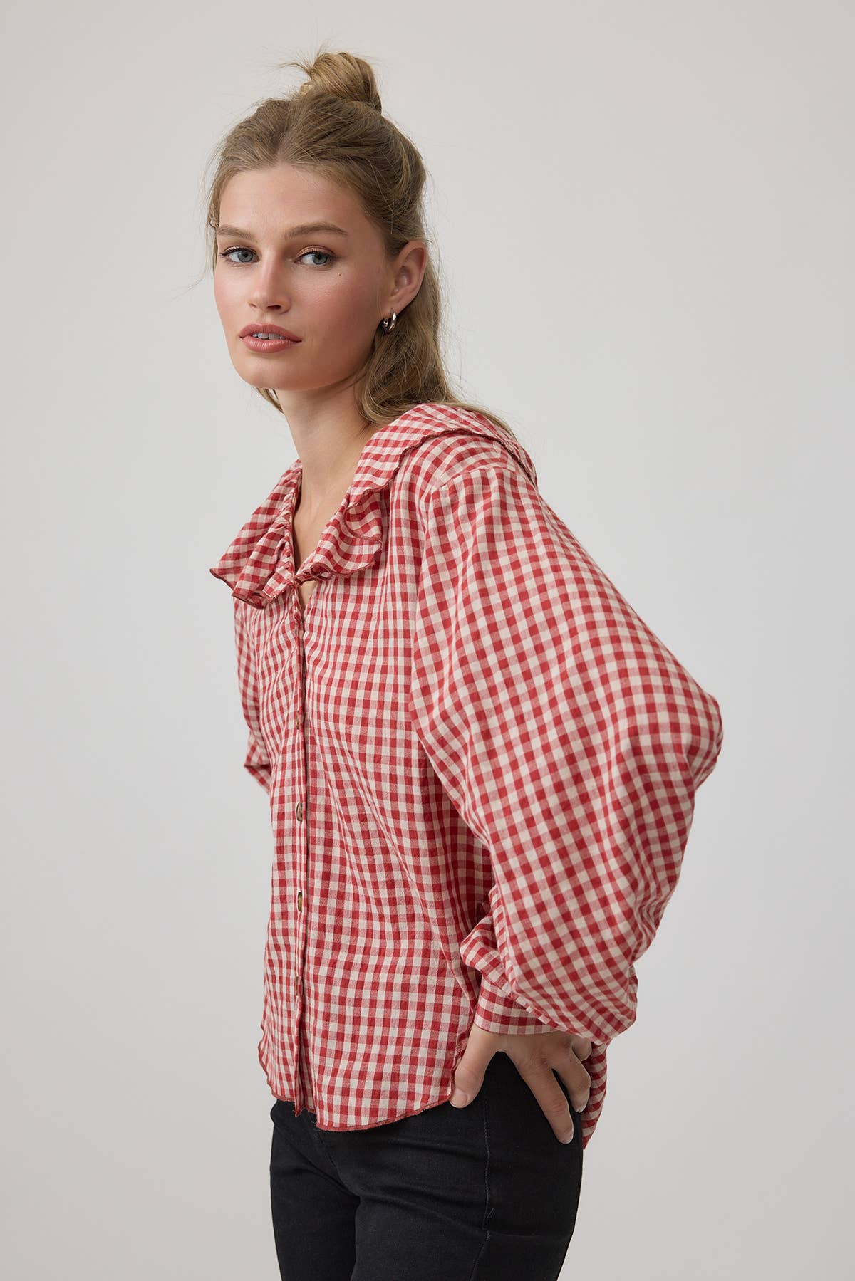 RAISONNEL - Gingham Ruffle Collar Button-Up Blouse - RT1317: BLACK / S-M-L (3-2-1)