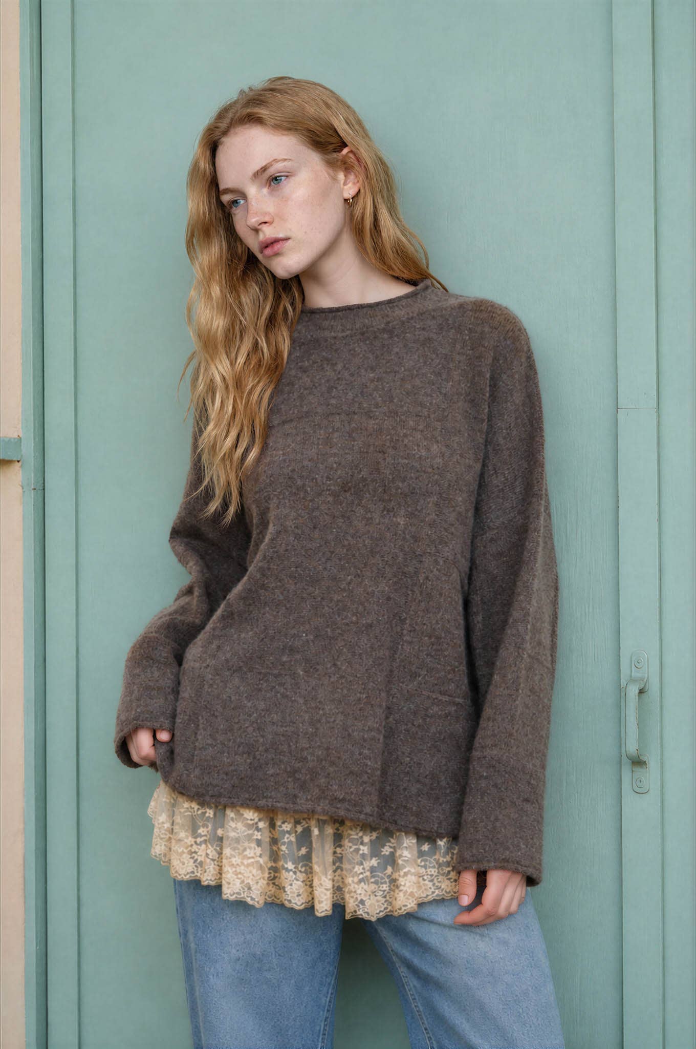 Blu Pepper - HEATHERED CHECKERED TEXTURE LONG SLEEVE SWEATER: CHARCOAL