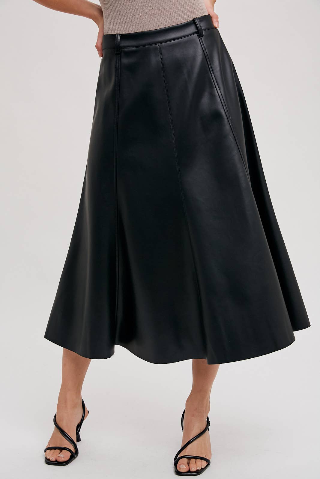 FAUX LEATHER FLARE MIDI SKIRT: Black