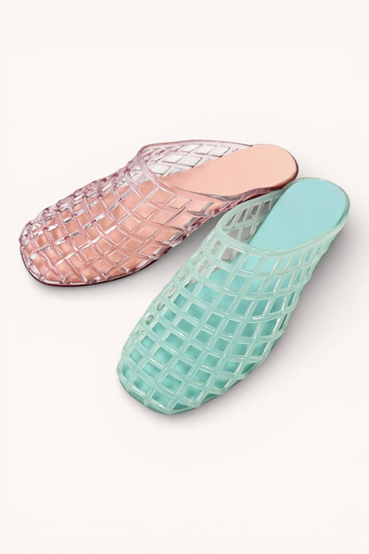 MODERN LATTICE WOVEN MESH SOFT PVC JELLY MULE FLATS: MINT