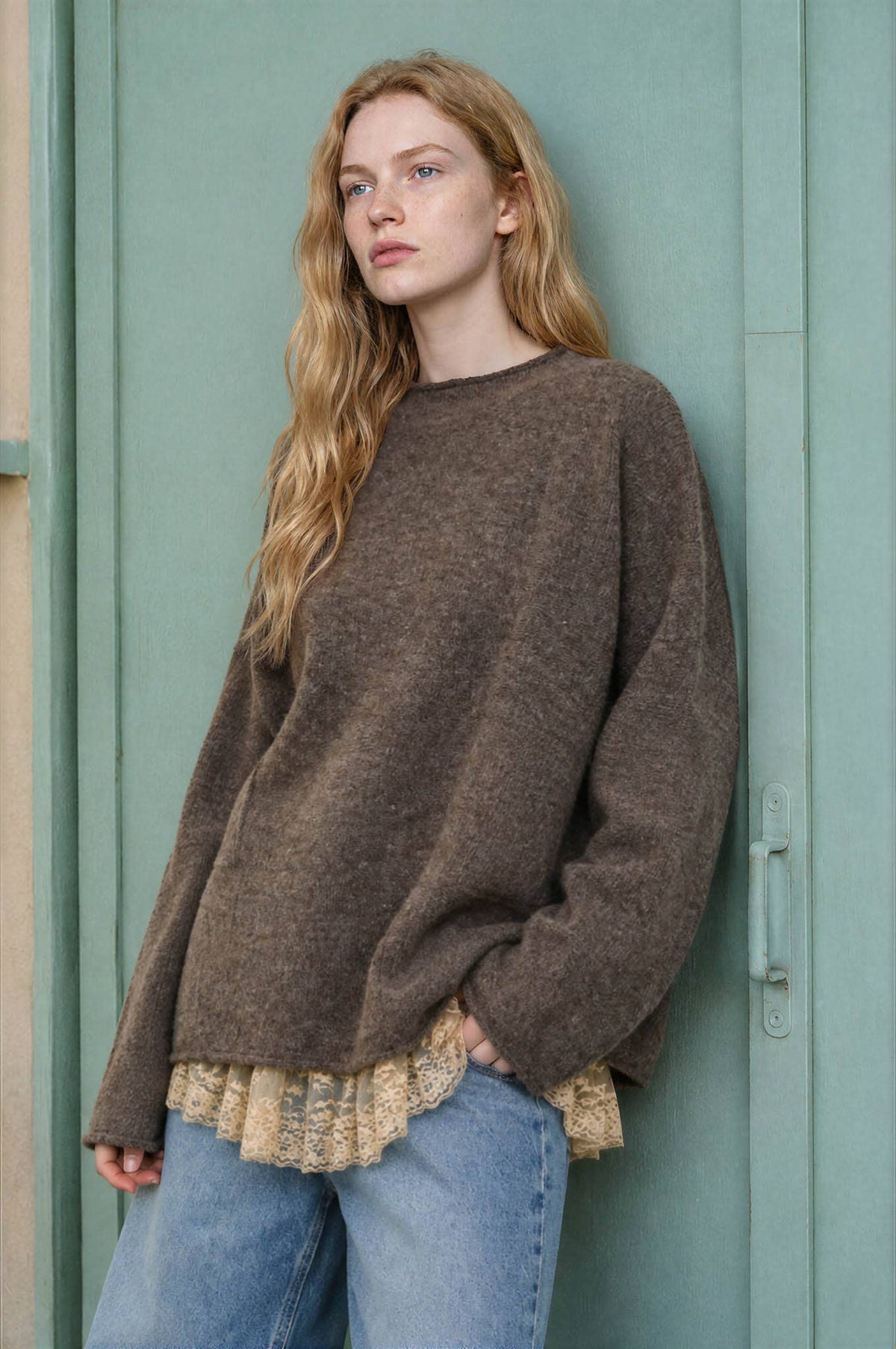 Blu Pepper - HEATHERED CHECKERED TEXTURE LONG SLEEVE SWEATER: CHARCOAL