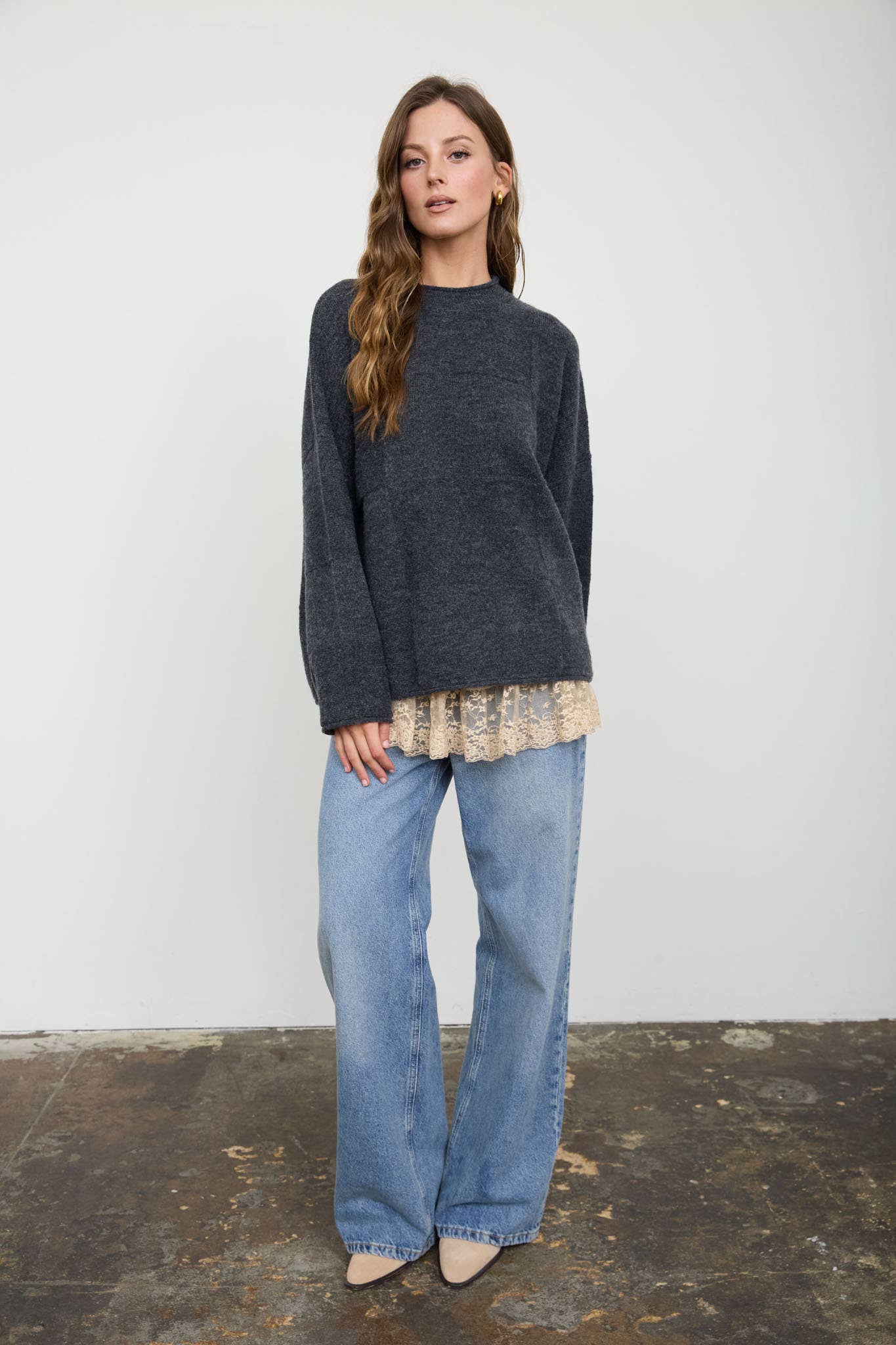 Blu Pepper - HEATHERED CHECKERED TEXTURE LONG SLEEVE SWEATER: CHARCOAL