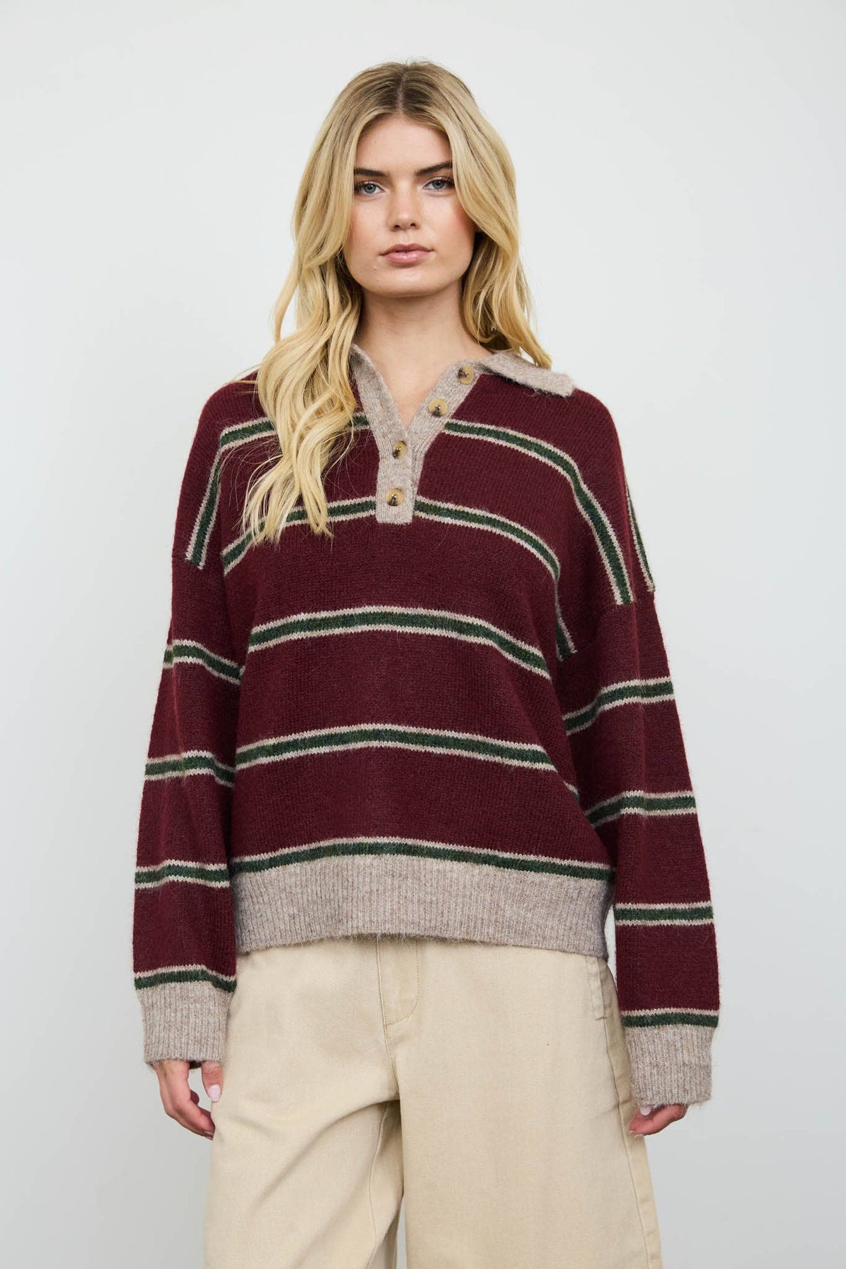 CONTRAST COLLAR STRIPE POLO FUZZY KNIT SWEATER : WINE MULTI