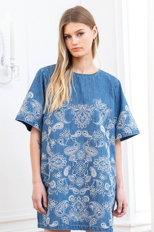 Denim Paisley Embroidery Tunic Dress