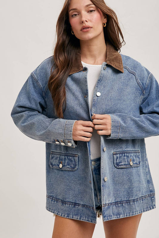 Bluivy - DENIM CORDUROY COLLAR CONTRAST BARN COAT: MED.WASH