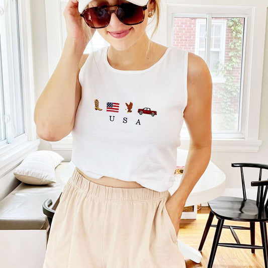 Embroidered USA Icons Comfort Colors Tank Top | 4th Of July : White