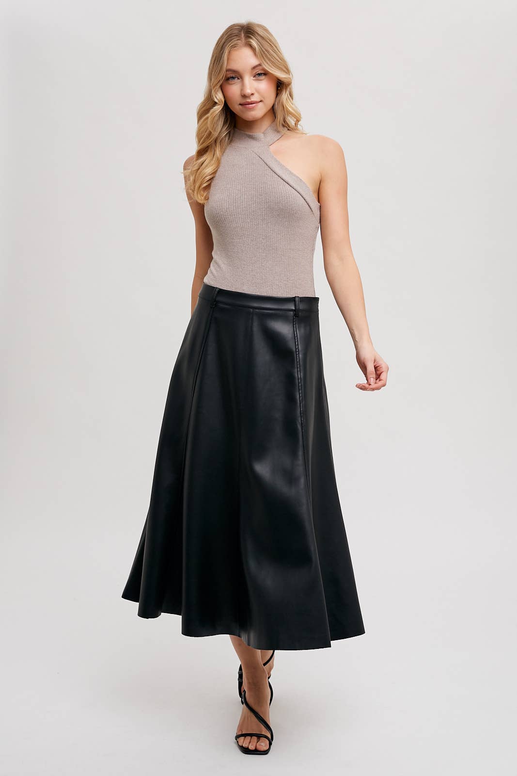FAUX LEATHER FLARE MIDI SKIRT: Black