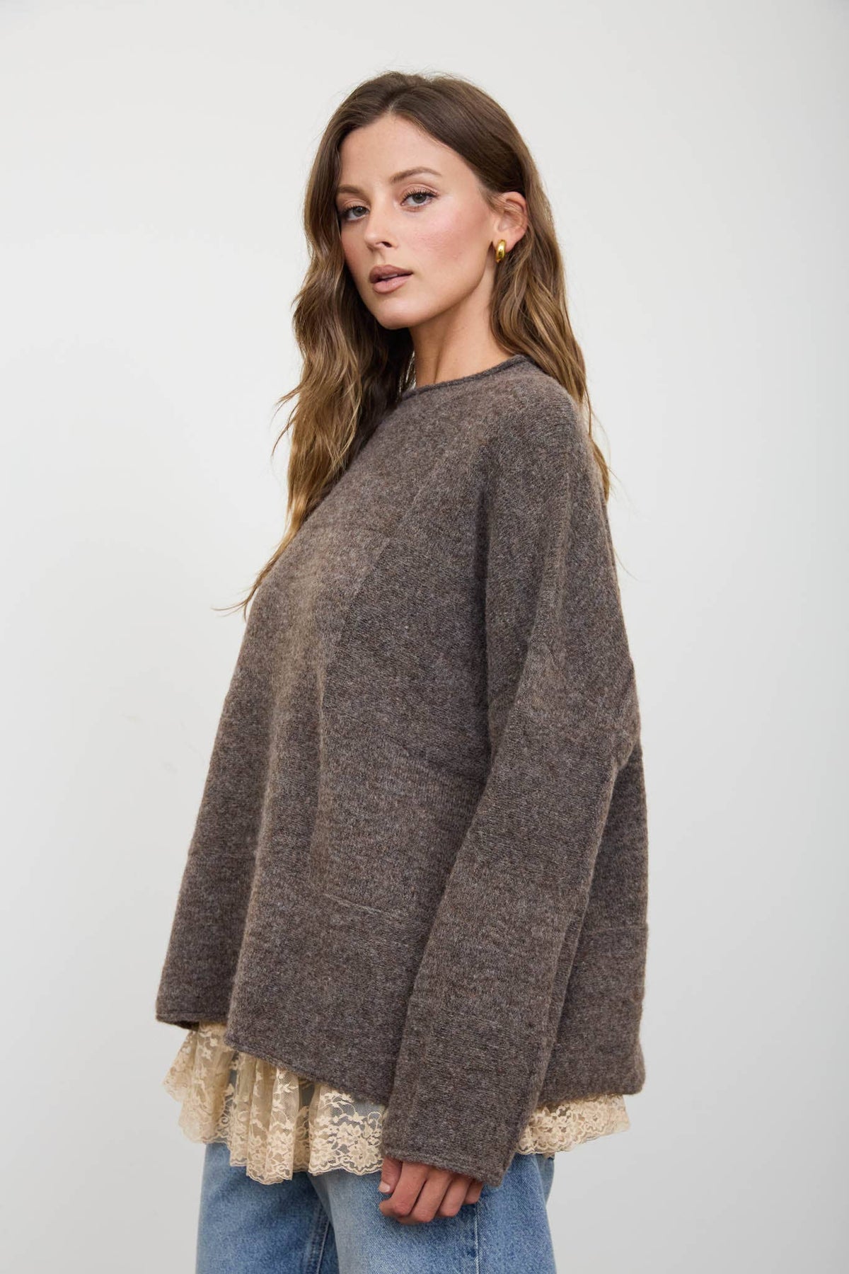 Blu Pepper - HEATHERED CHECKERED TEXTURE LONG SLEEVE SWEATER: CHARCOAL
