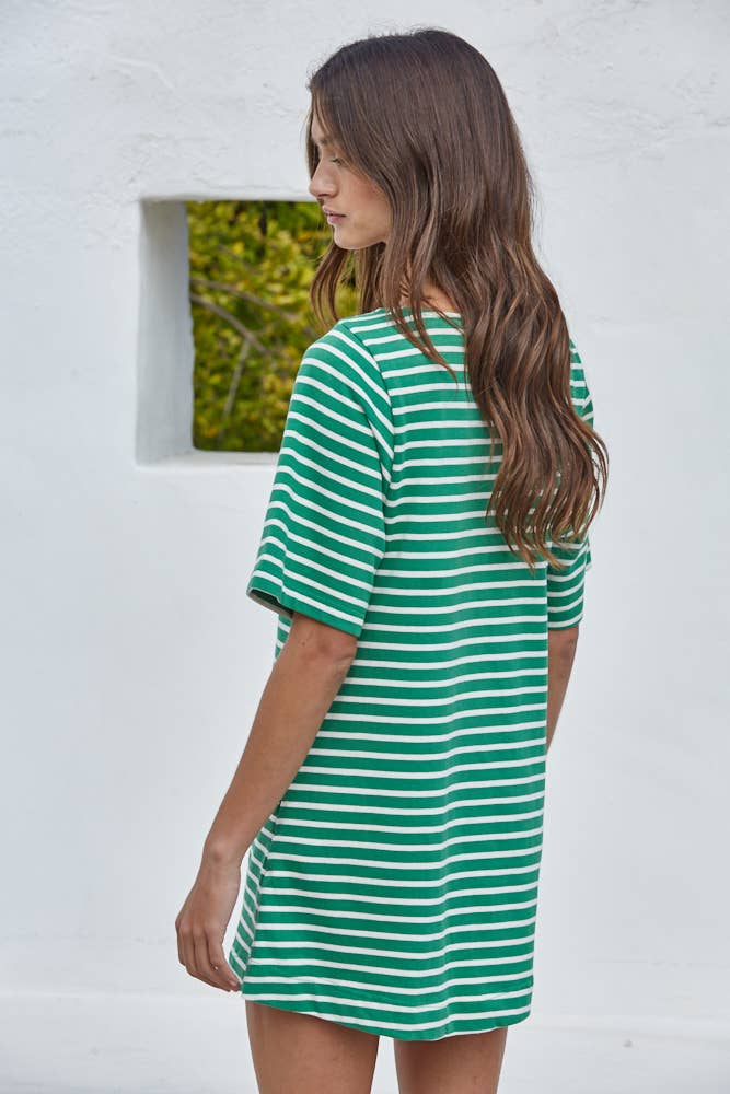 Woven Cotton Striped Short Sleeve Round Neck Mini: Green Ivory