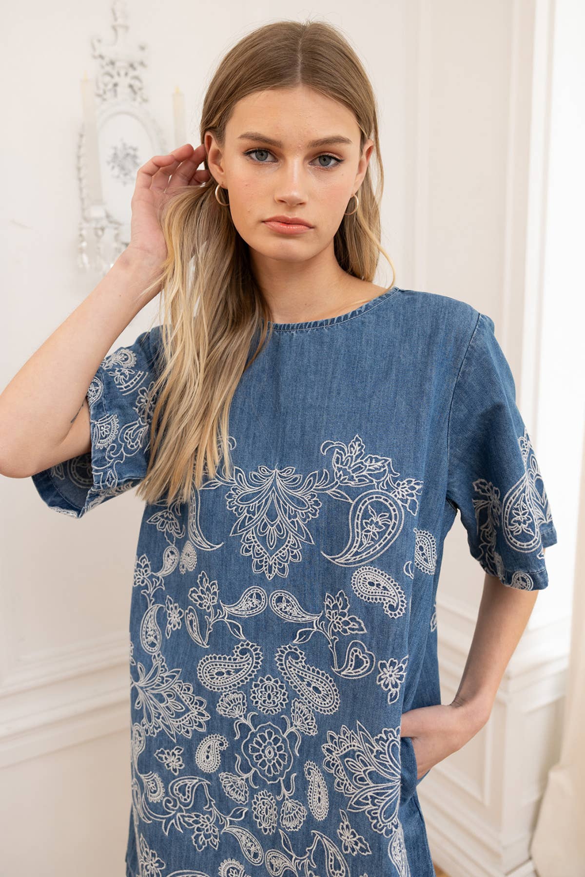Denim Paisley Embroidery Tunic Dress