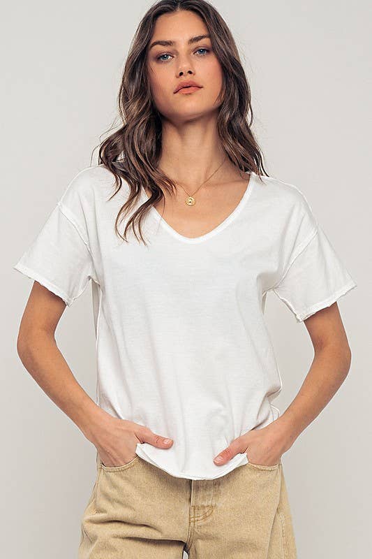 Vintage Washed Scoop Neck Exposed Stitch Detail Graphic Tee: WHITE