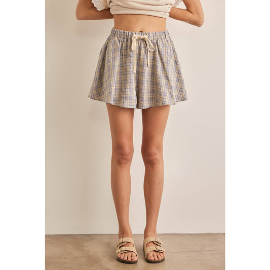 in february - CHECK PATTERN FLOWY CASUAL SHORTS: TAUPE/BLUE